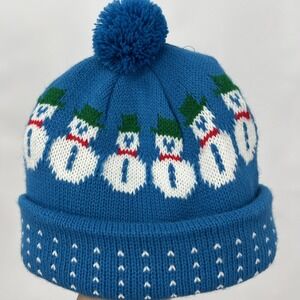 Vintage Stocking Cap Hat Knit Beanie Pom Pom Snowman Blue